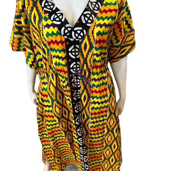 New Kente Print Kaftan Vibrant Kaftan — Made in The Gambia.  Drawstring Waist - Picture 3 of 3